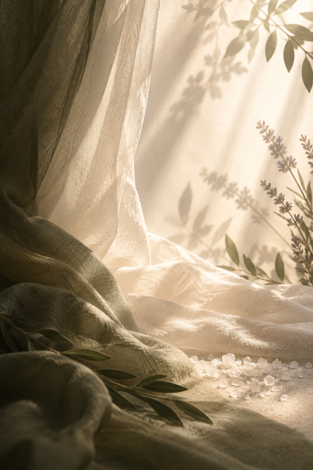 Warm natural light passing through cotton fabric and botanicals