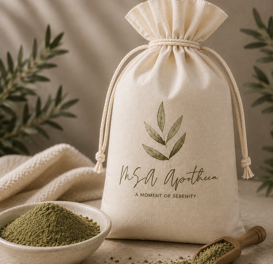 MSA Apotheca handcrafted cotton product bag with natural ingredients