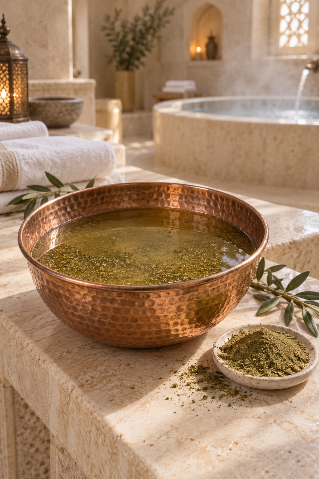 Copper bowl prepared with seder in a serene resort setting